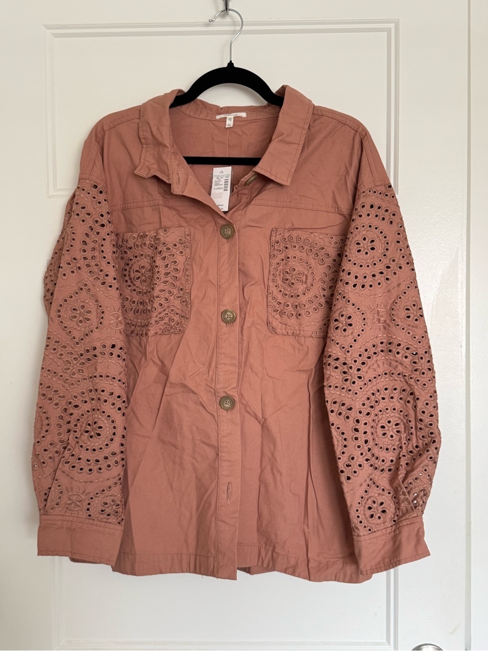 NWT Eyelet Sleeve Button-Front Jacket in Dusty Rose